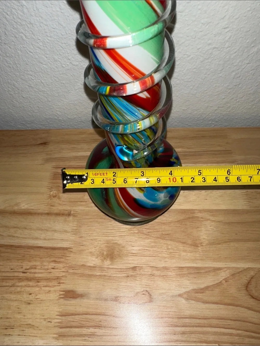 VTG Hand-Blown Art Glass Rainbow Swirl Bubble Base Vase Coiled Neck Funk